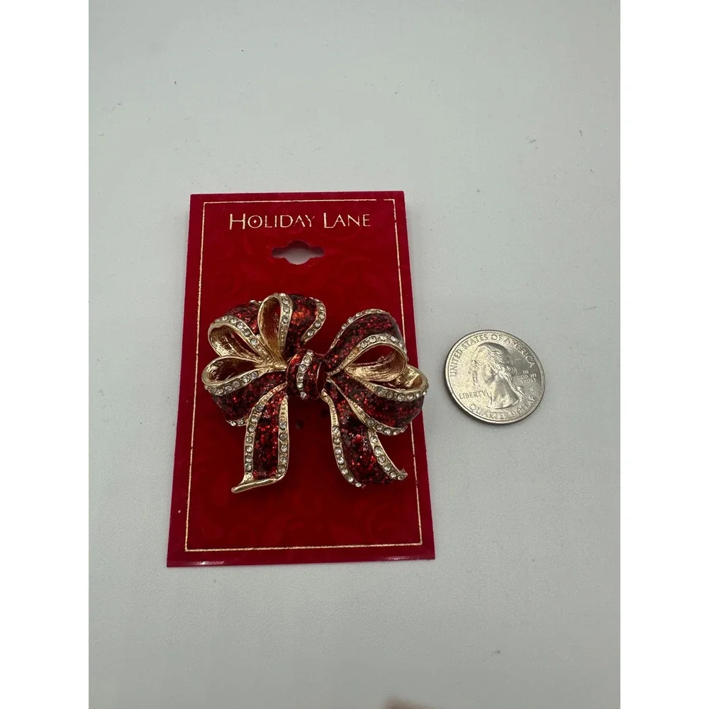 Holiday Lane Red Bow Pin Womens OS Red New Glitter Rhinestone Brooch 80041PG